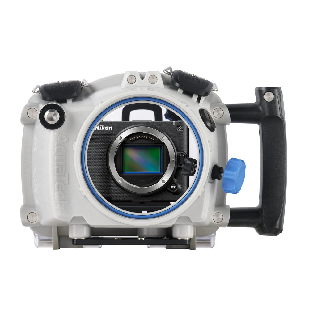 Aquatech EDGE Pro Water Housing Nikon ZR shown from the front with Nikon ZR camera installed
